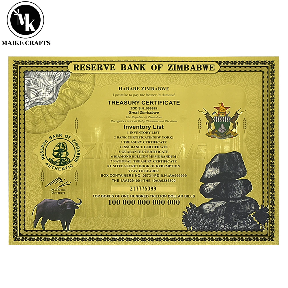 

Great Zimbabwe 100 Trillion Certificate Banknotes 100000000000000 Dollar Bills Souvenir Money with UV Serial Number Collection