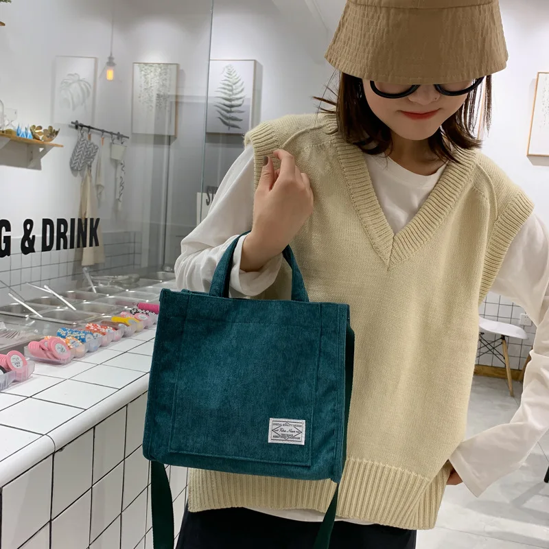 Women Corduroy Zipper Shoulder Bag Small Cotton Canvas Handbag Casual Tote Female Eco Crossbody Bag Vintage Messenger Bags