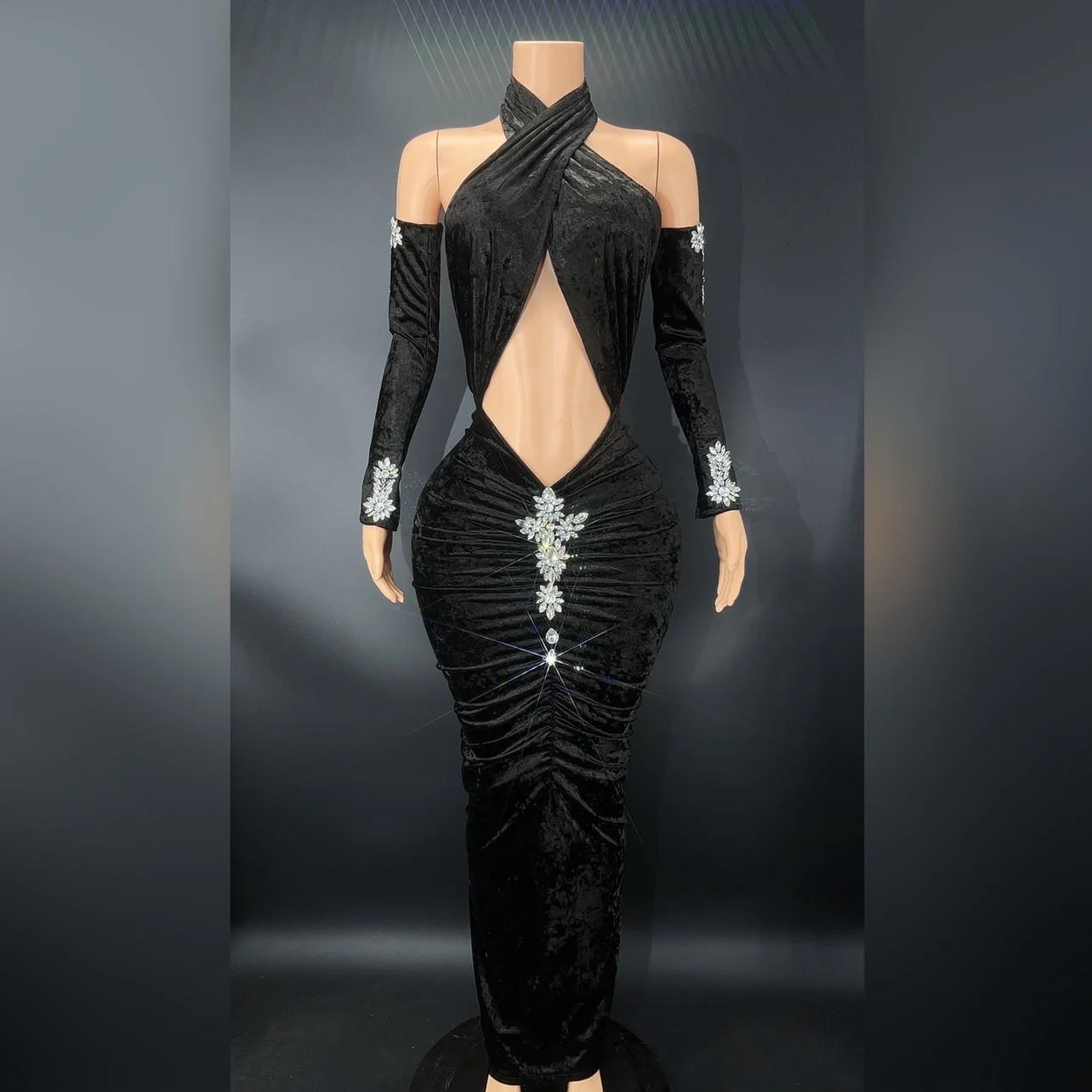 

Сексуальный наряд, перчатки, костюм, новинка, серебристые, искусственные, вечерние, черные, бархатные, с открытой спиной, длинное платье для выпускного, стразы, танцор, день рождения, празднование