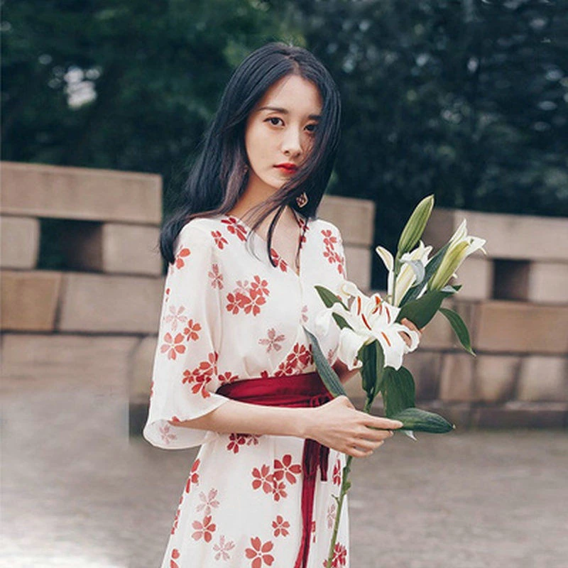 Kimono Japanese Dress Modified Style Sakura Print Geisha Vintage Dresses Calf Length Sweet Kawaii Traditional Clothing Cosplay new falling pink sakura cherry blossom branches on white sleeveless dress elegant dresses for women