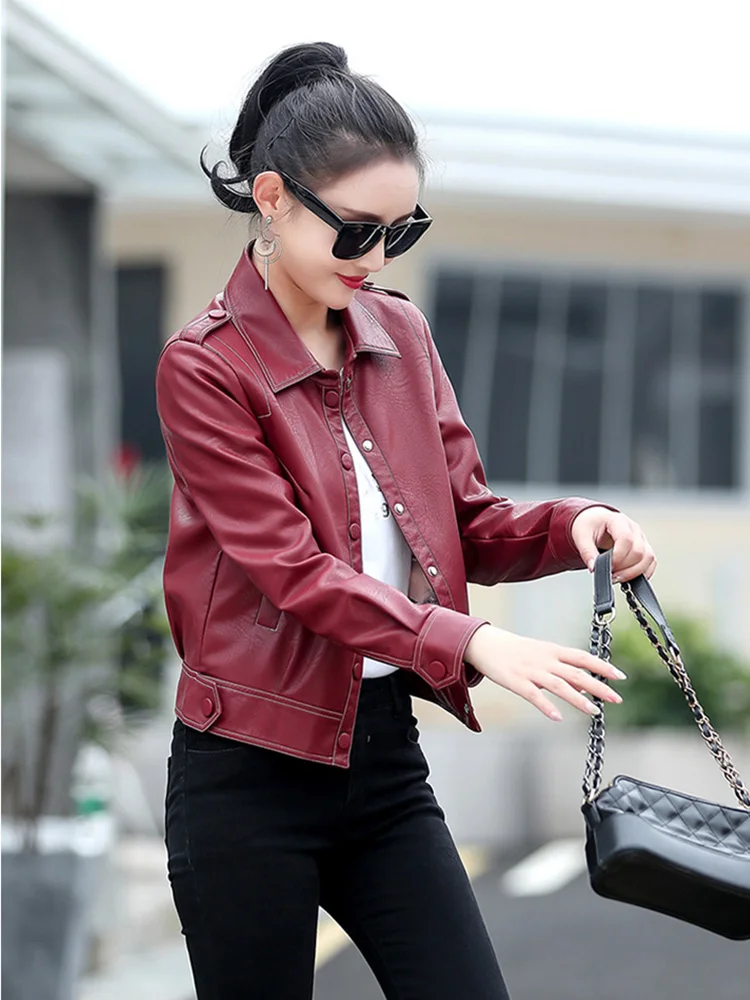 New Women Small Leather Jacket Casual Fashion Moto & Biker Style Shirt Collar Sheepskin Short Coat Split Leather Slim Outerwear