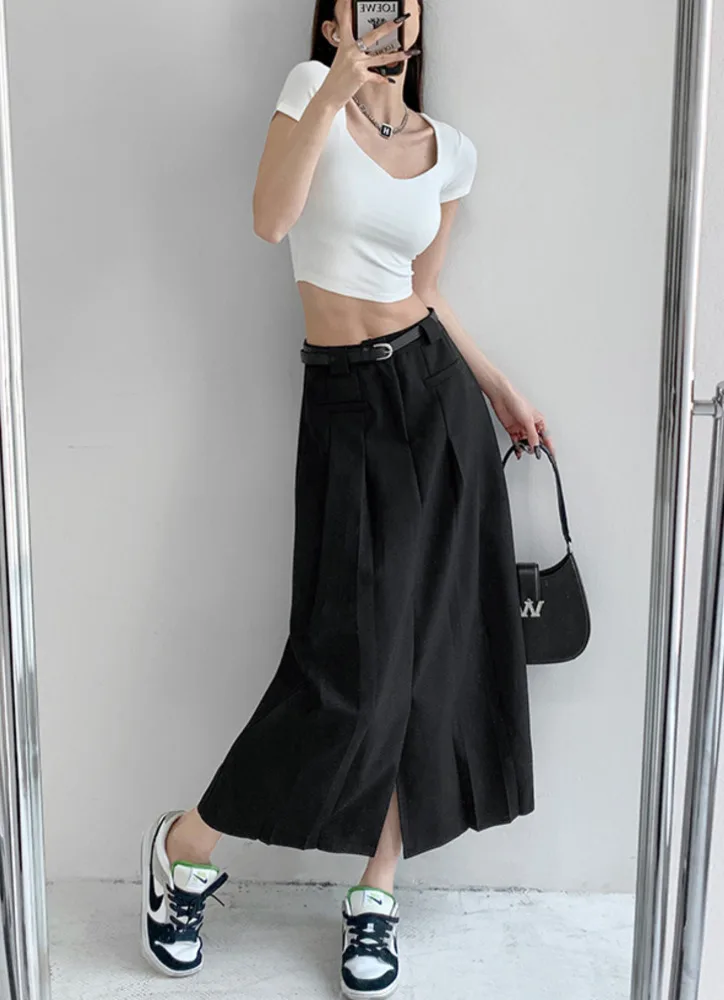 

Women Black Drape Pleated Split Skirt Students Elegant Temperament Medium Length Suit Skirt V203