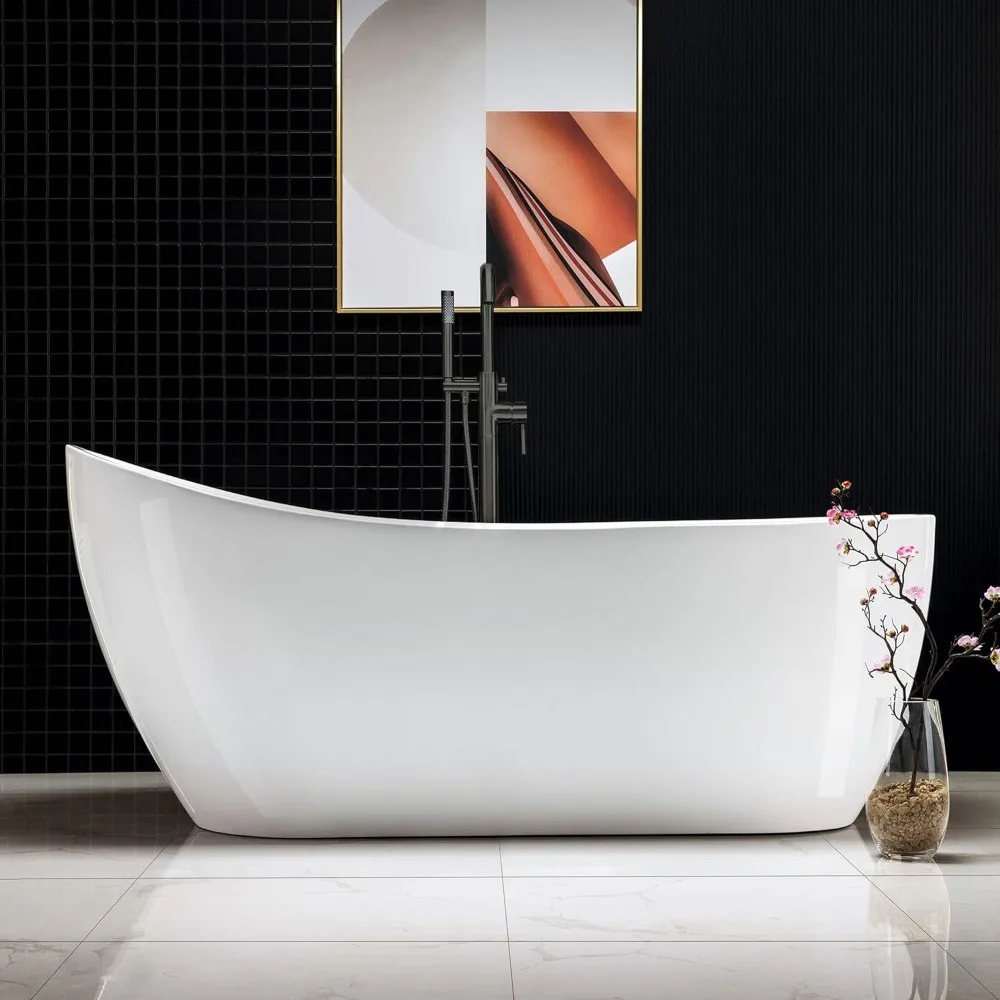 67" Acrylic Freestanding Bathtub Tub with Matte Black Overflow and Drain，Bottom with Stainless Steel Bracket Makes，Soaking Tub 2