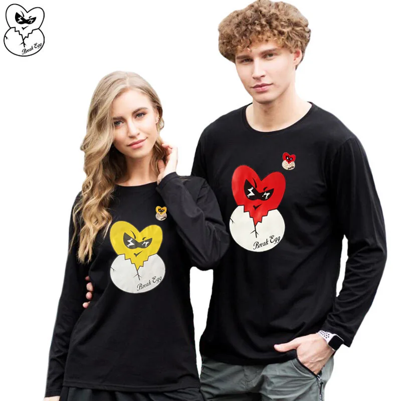 

Break Egg Men Women Long-sleeved T-shirt Print Embroidered Heart Cotton O-neck Couples Straight Spring Autumn Casual T-shirt