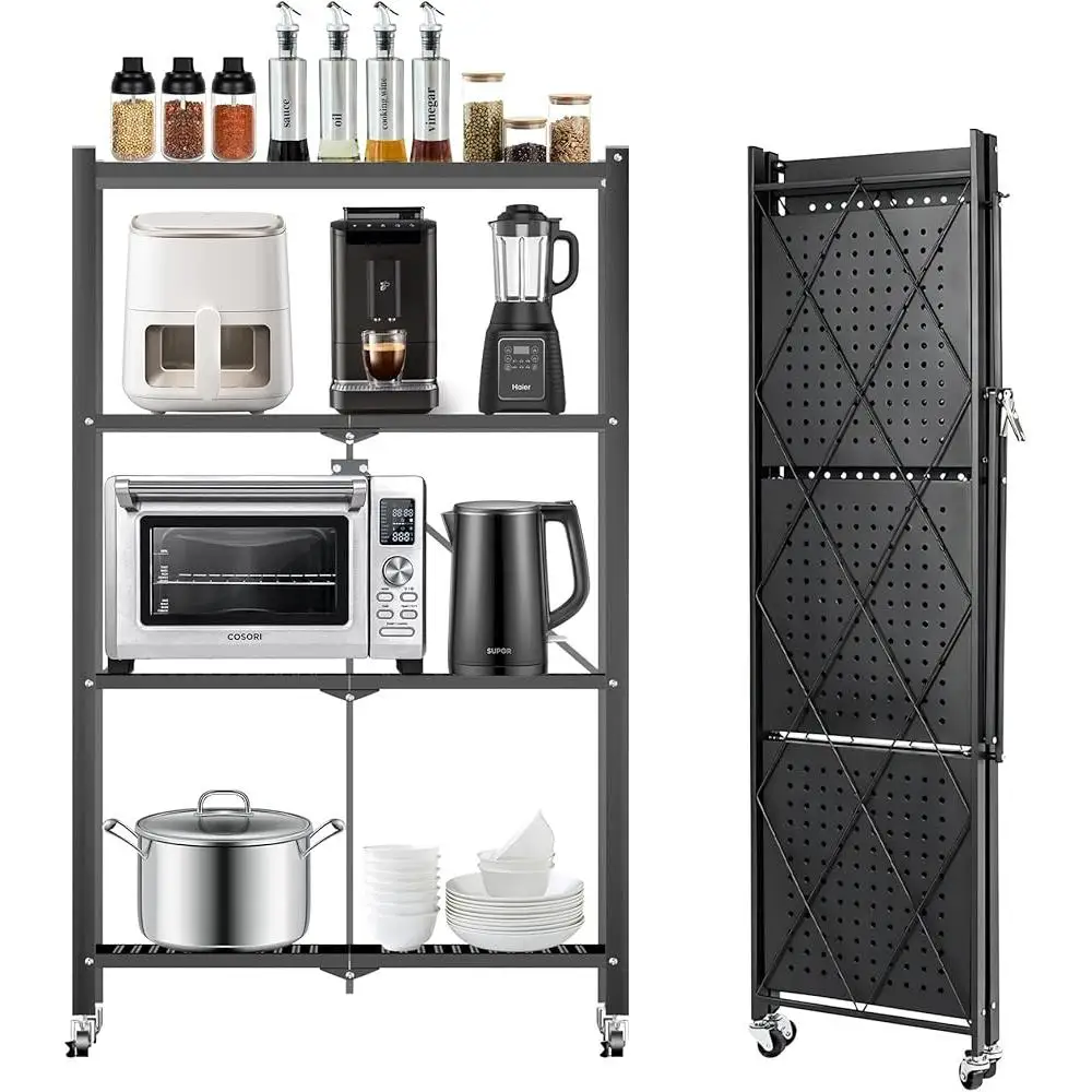 4-Tier Foldable Metal Storage Shelf with Wheels Heavy Duty Organizer Bathroom Kitchen Office Garage Space Saving Display Rack 2