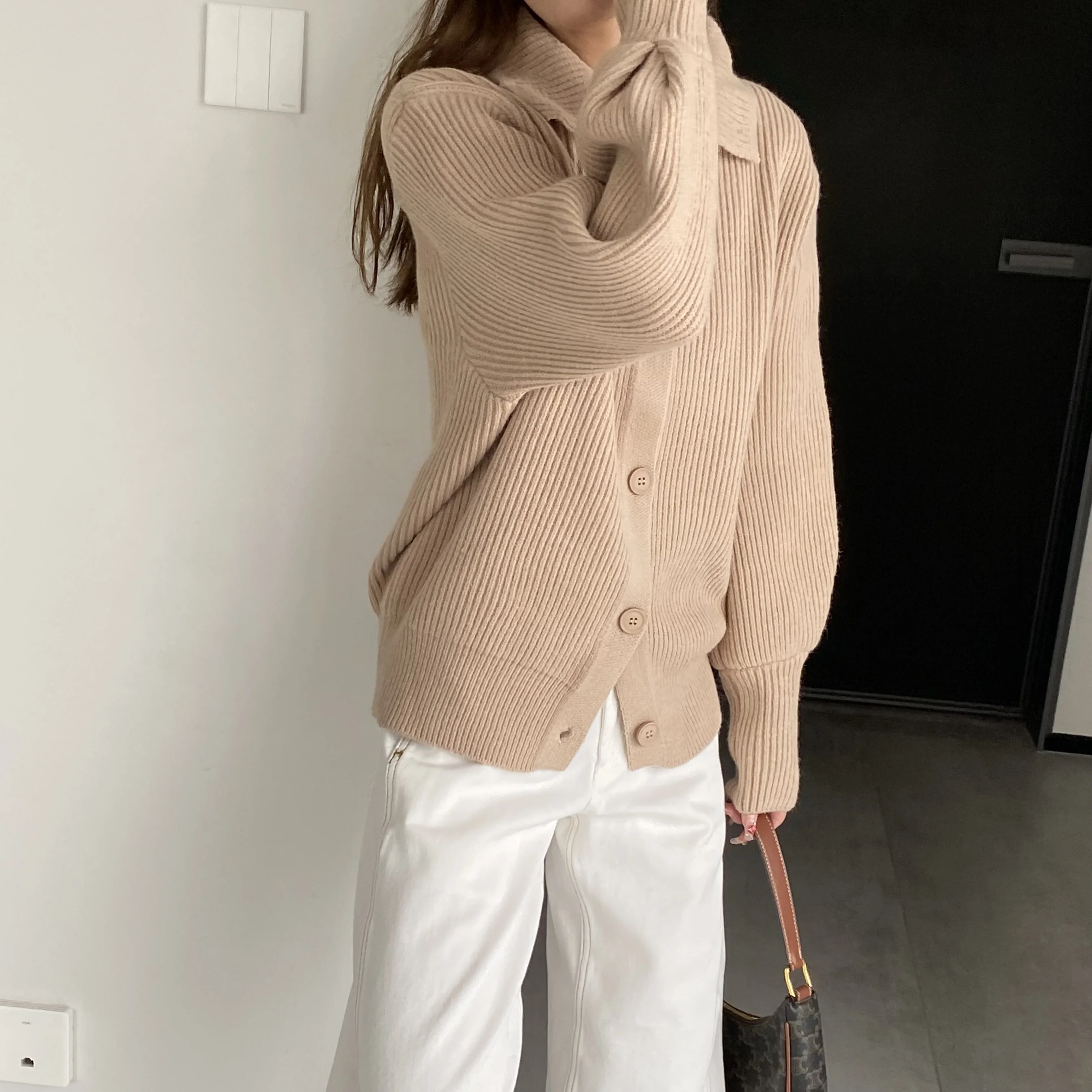 

Autumn and Winter Women's Casual Solid Polo Long Sleeve Loose Cardigan Sweater