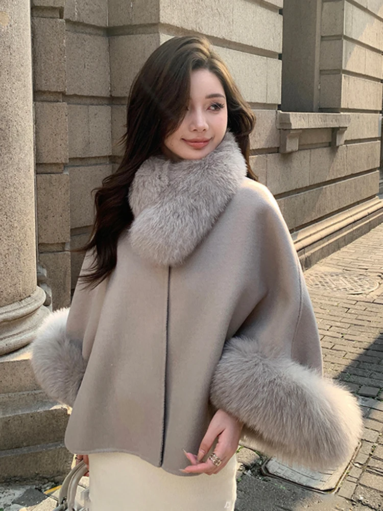 Mode hiver dame réel naturel col de fourrure de renard veste laine cape cachemire manteau chaud col détachable luxe épais femme manteau