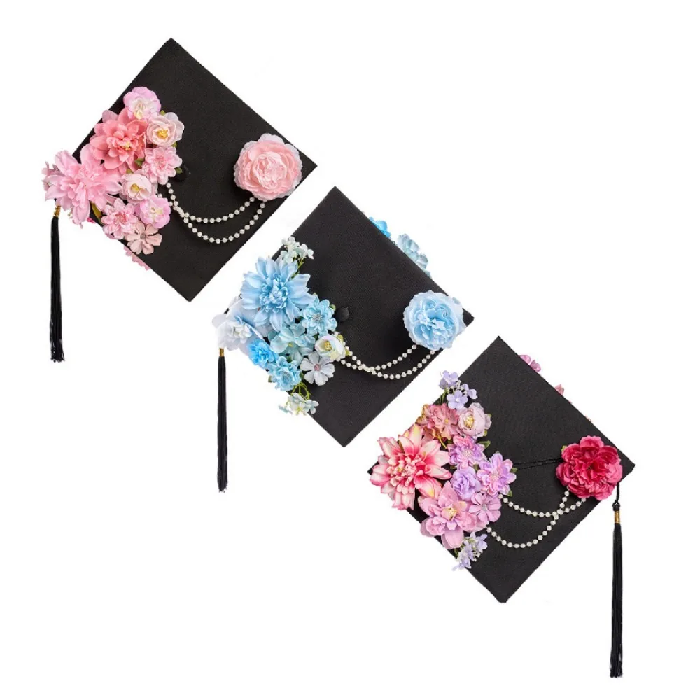 Trencher Cap DIY Flowers Graduation Cap Bachelor Mortar Board Academic Hat with Tassels Charm Ornament Adjustable