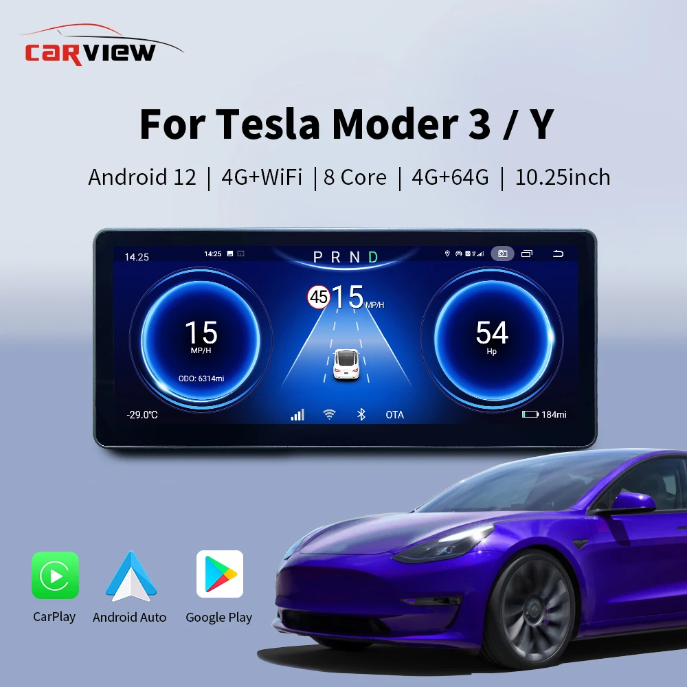 Carview Andriod 12 For Tesla Model 3 Y Dashboard Touch Screen 10.25" 4g