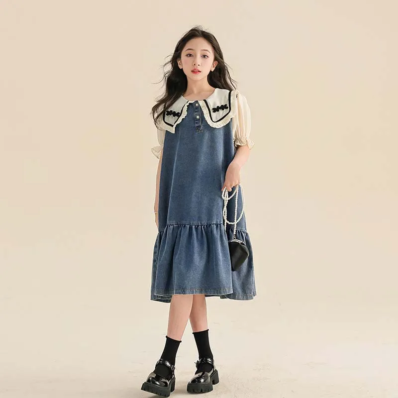 

2024 Summer School Girl Dress Teenager Girl Lace Lapel Gauze Contrast Bubble Sleeve One-piece Dress Junior Girl Denim Dress