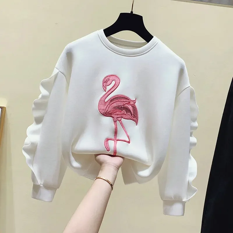 Women Long Sleeve Casual Pullover Fashion Korean Style Animal Embroidery Sweatshirt Autumn Winter New Ruffles Splicing Pink Tops