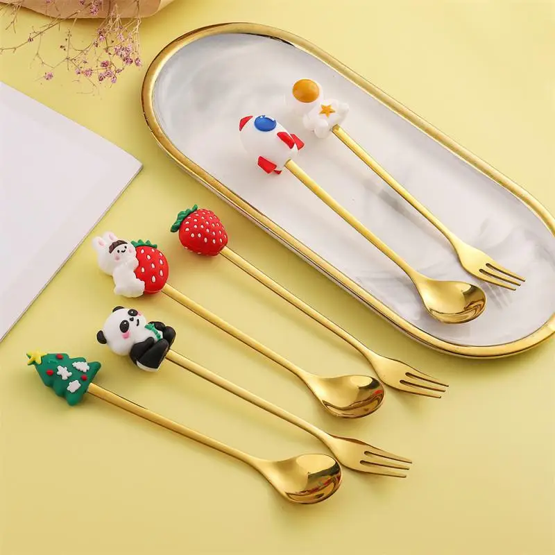Mini Dessert Spoon Stainless Steel Spoon Fork Ice Cream Coffee Stirring Spoons Teaspoon Donut Fruit Fork Kitchen Flatware