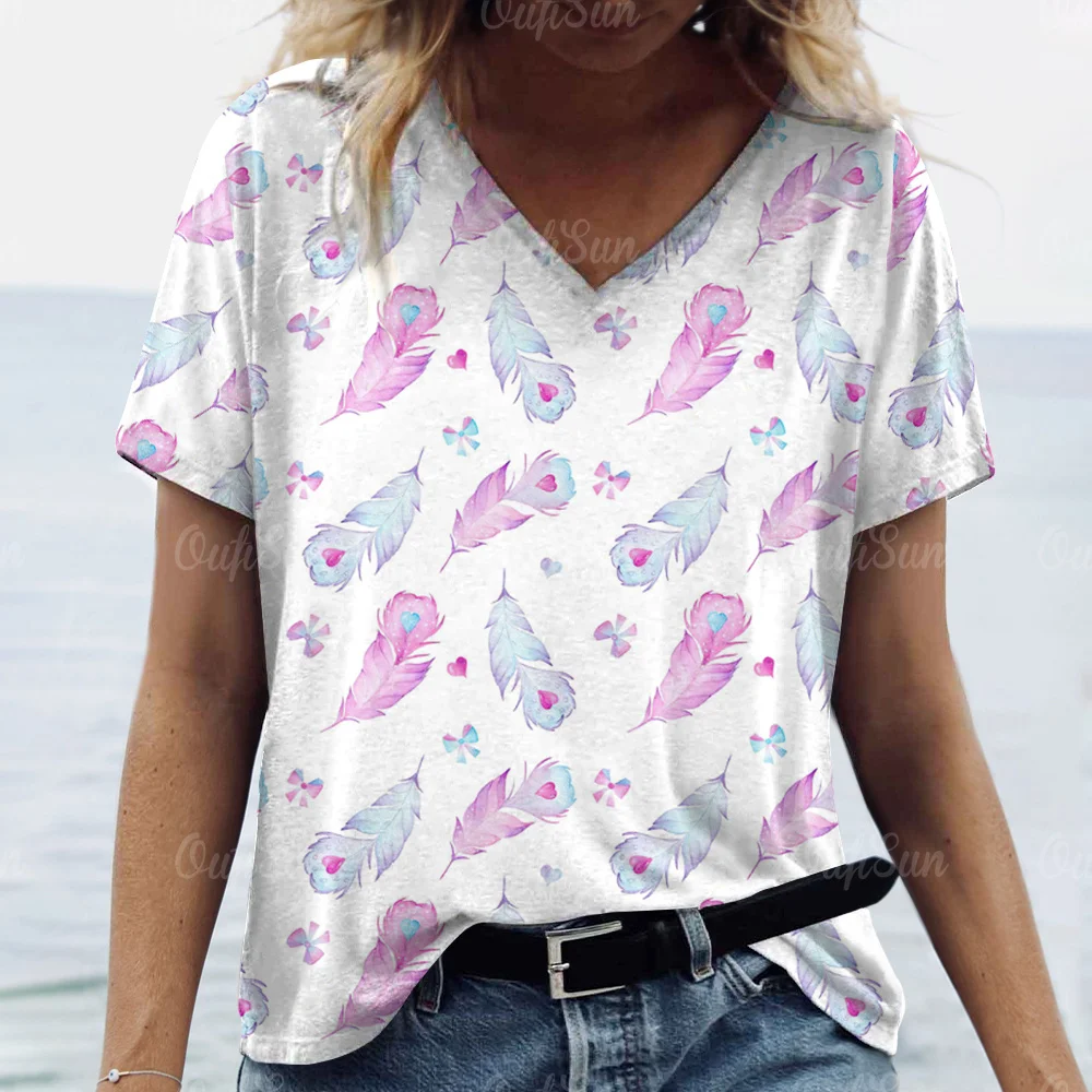 

Fashion Women's T-shirts Casual Feather Print Tees Short Sleeves Tops V-neck Pullover Oversized Women Clothing Loose Streetwear