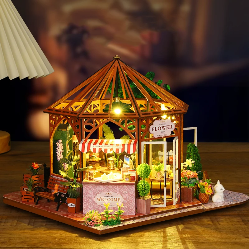 DIY Wooden Miniature Model Kit Flower Coffee Store Casa 3D Puzzle Dollhouse With Furniture Lights Home Decor for Friends Gifts 4