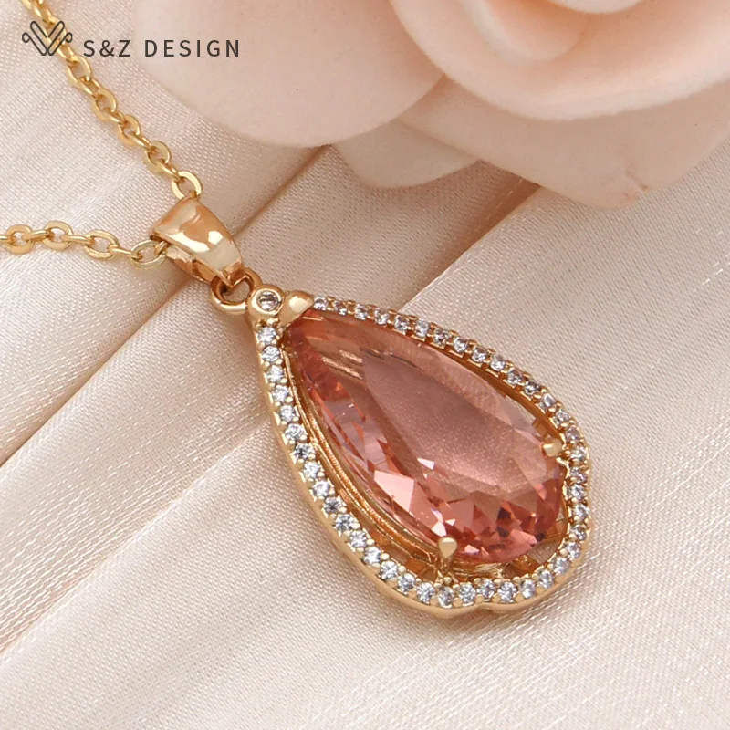 S&Z DESIGN New Fashion Elegant Champagne Cubic Zirconia Pendant Necklace For Women Wedding Party Jewelry Trendy Fine Gift