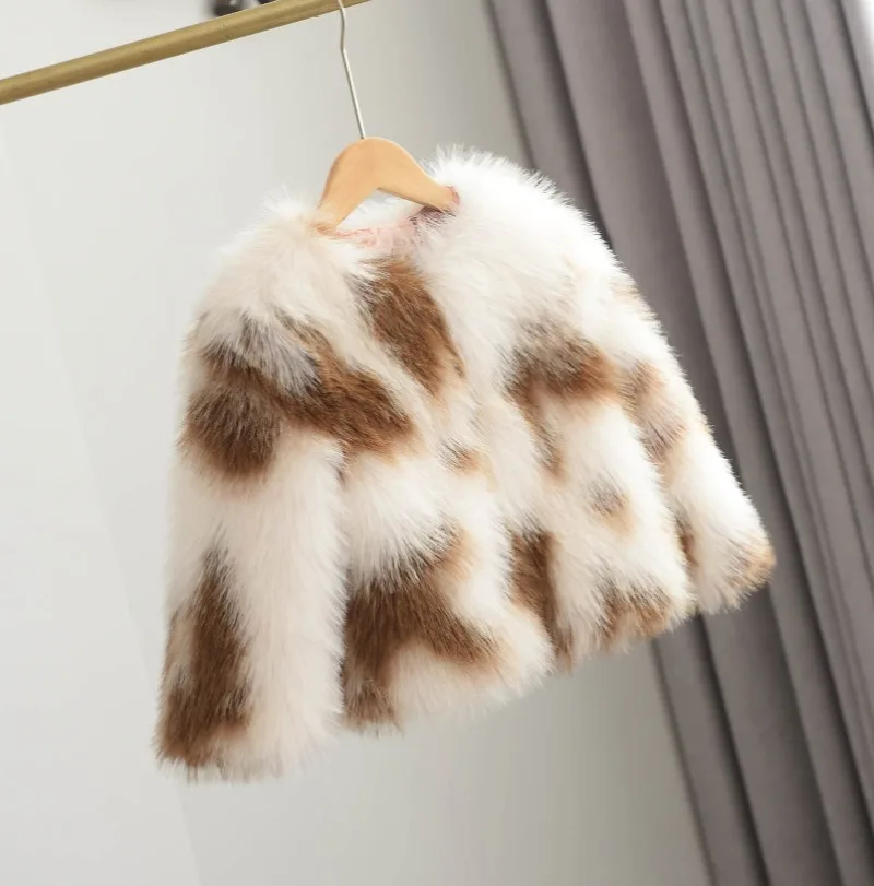 Winter Patchwork Fur Coat for Girls Short Round Neck - Uniqwear