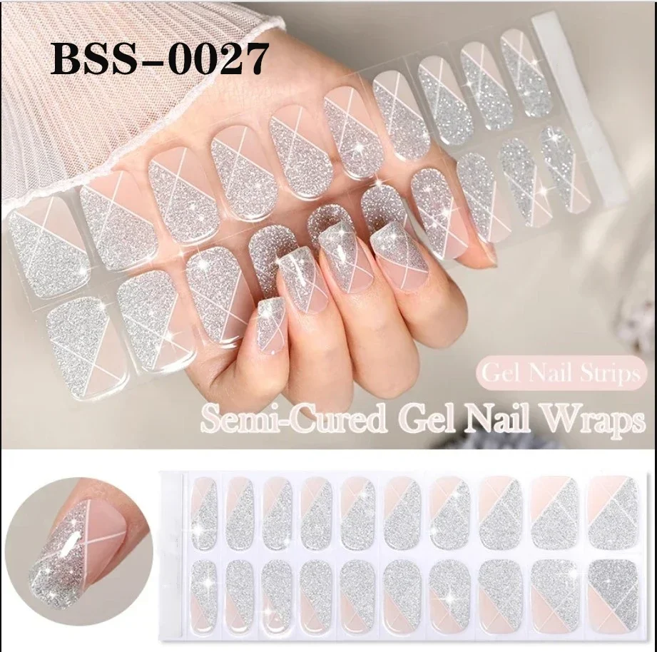 블랙 화이트 프렌치 세미 경화 젤 네일 패치 슬라이더 접착제 풀 커버 젤 네일 스티커, UV 램프 DIY 여성 패션 매니큐어