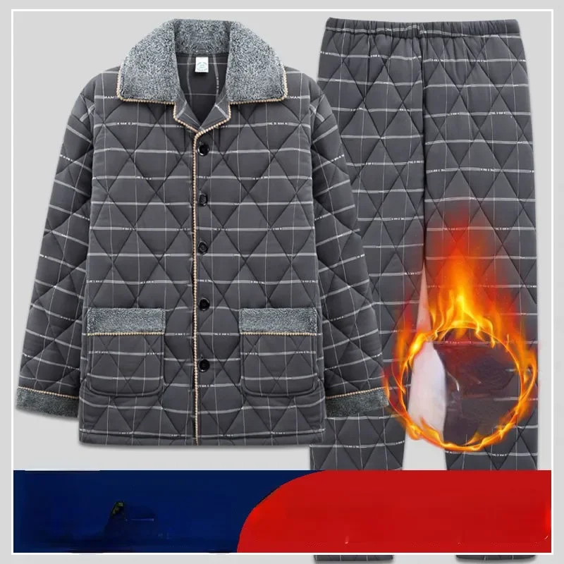 2024 New 100% Cotton Three-layer Padded Pajama Men Winter Cotton-padded Loungewear Large Size Sleepwear V-neck Warm Homewear