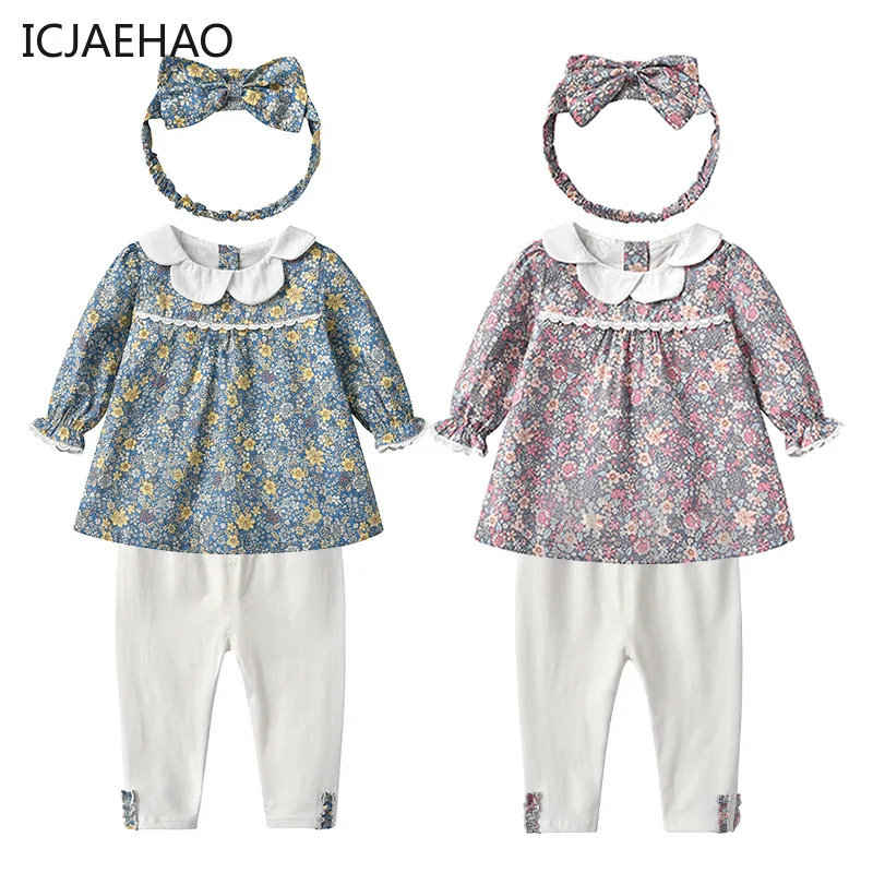 

2023 Newborn Girls Sets Autumn Clothes Suit 3 PCS Kids Floral Shirt + Capri Pants + Headband Children Outdoor Clothes Costumes