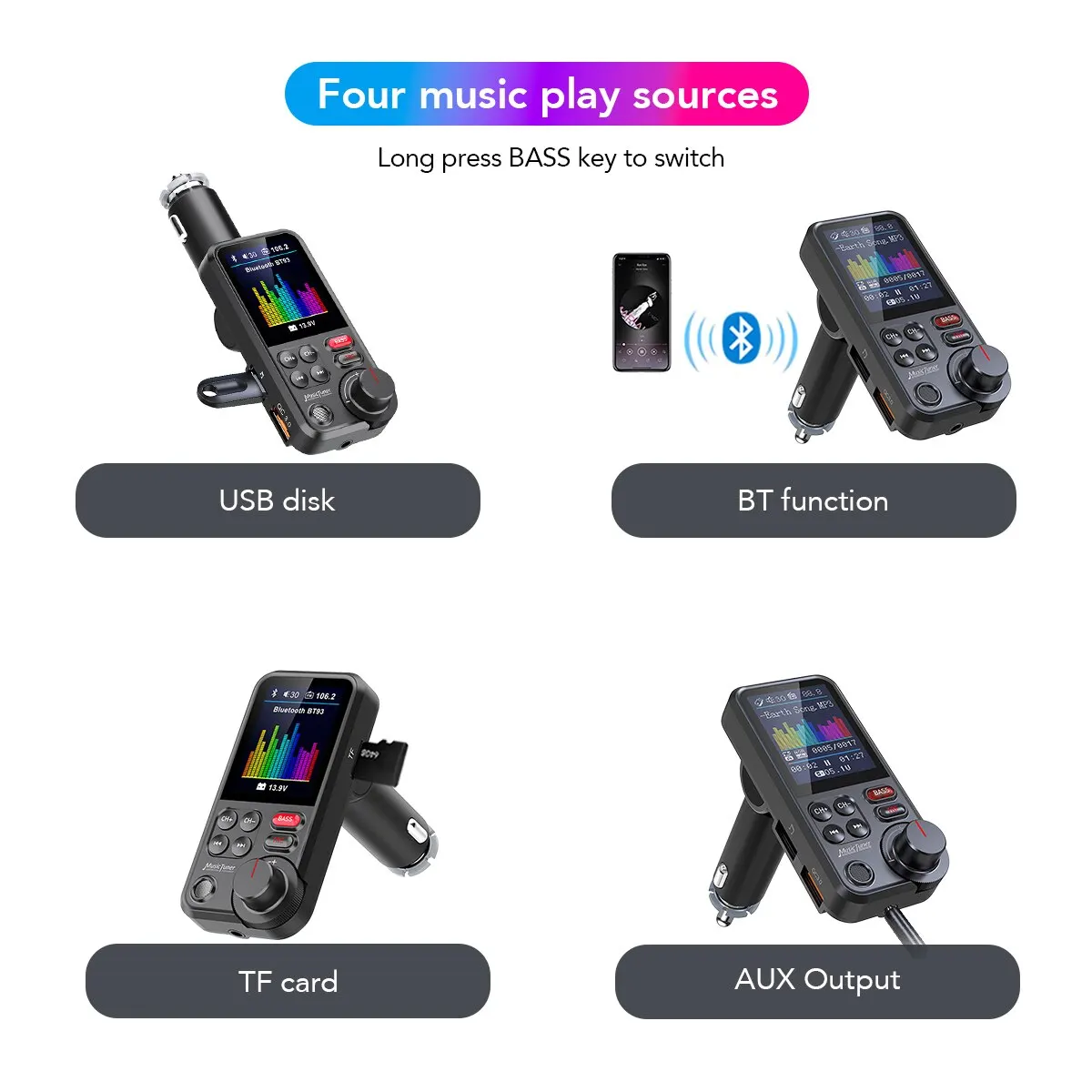 1pc Bluetooth Auto Wireless FM Sender Radio Adapter Aux QC 3,0 Aufladen  Höhen Bass Sound Musik Player 1.8 Auto Elektronik - AliExpress