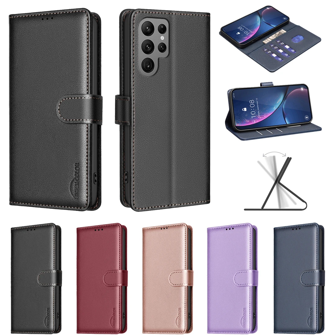 Visitenkarten Solt Wallet Flip Litchi Ledertasche für Samsung Galaxy S24 Ultra S23 Plus S22 S21 A55 A15 A25 A35 RFID Taschenabdeckung_voghion.com