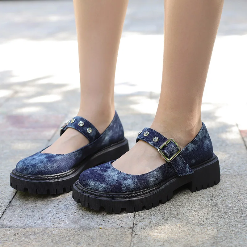 

Phoentin Lolita Shoes Platform chunky platform mid heels fashion Round Toe Mary Jane Women denim punk Shoes big size 43 FT2673