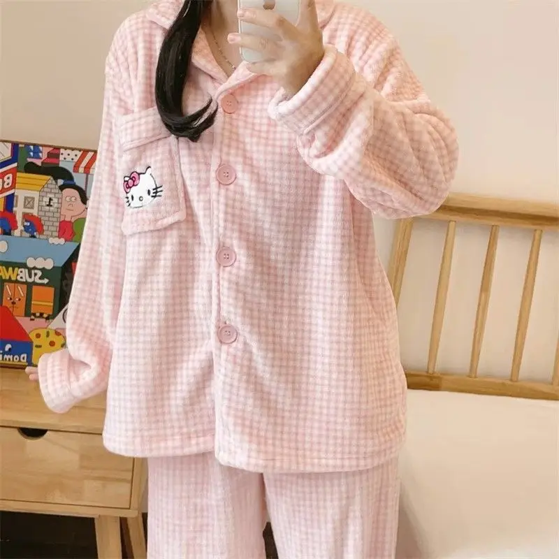 Hello Kitty Pajamas Sanrio Anime Kawaii Cute Cartoon Plush Thickened Nightshirt Set