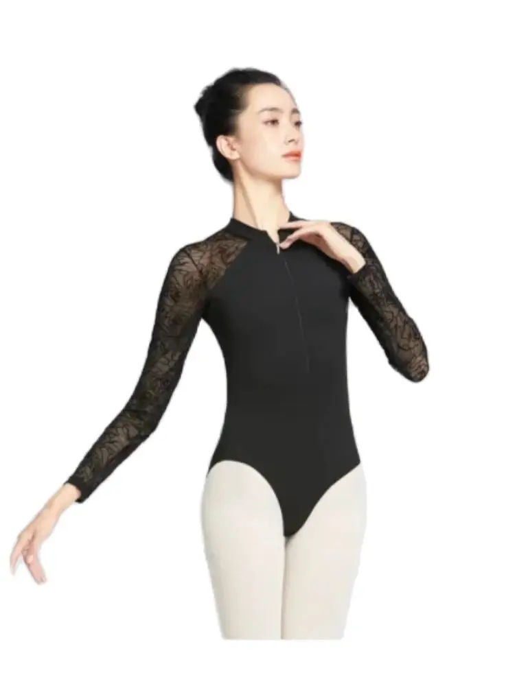 

1pcs/lot Women Ballet Leotards Stand Collar Dance Black Lace Back Dance Costume Long Sleeve Ballerina Gymnastics Leotards