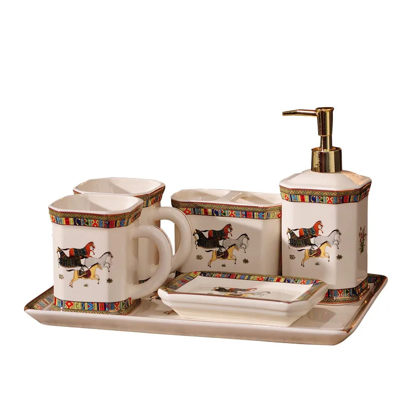 Bathroom Accessories 5 Pcs Set Ceramic Soap Dispenser & Dish Toothbrush Holder Rack Gargle Cup Horse Finish Luxury Wedding Gifts