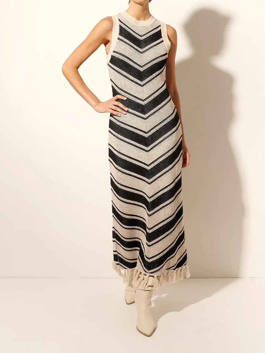 

Women’s Long Beach Dress Sleeveless Crew Neck Wavy Stripes Print Dress Summer Tassel Dress