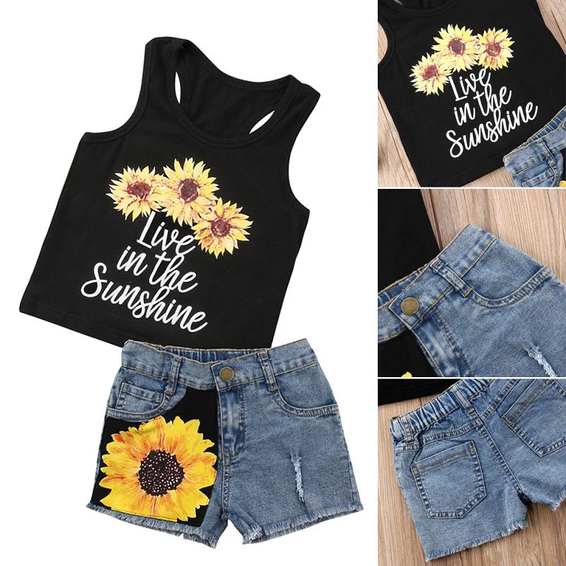 1-6 Years Toddler Girl Clothes Set Sleeveless Sunflower Letter Print Tank Tops with Denim Short Pants Summer Children's Sets kids clothing set girls clothing set