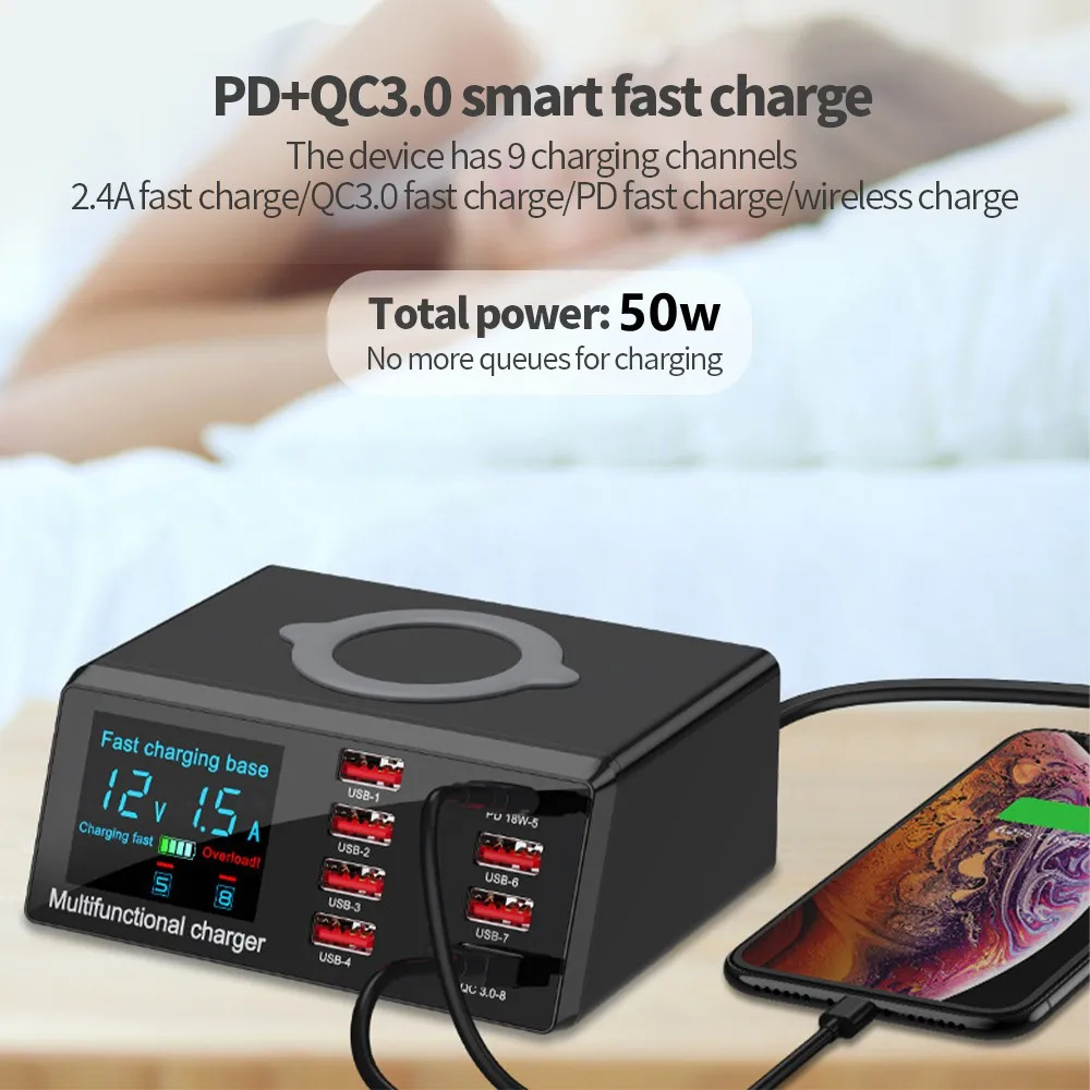 Intelligent LED Display Wireless Charger Dock QC 3.0 Fast Charging 8 Ports PD USB Chargers Desktop Adapter for iPhone and Tablet
