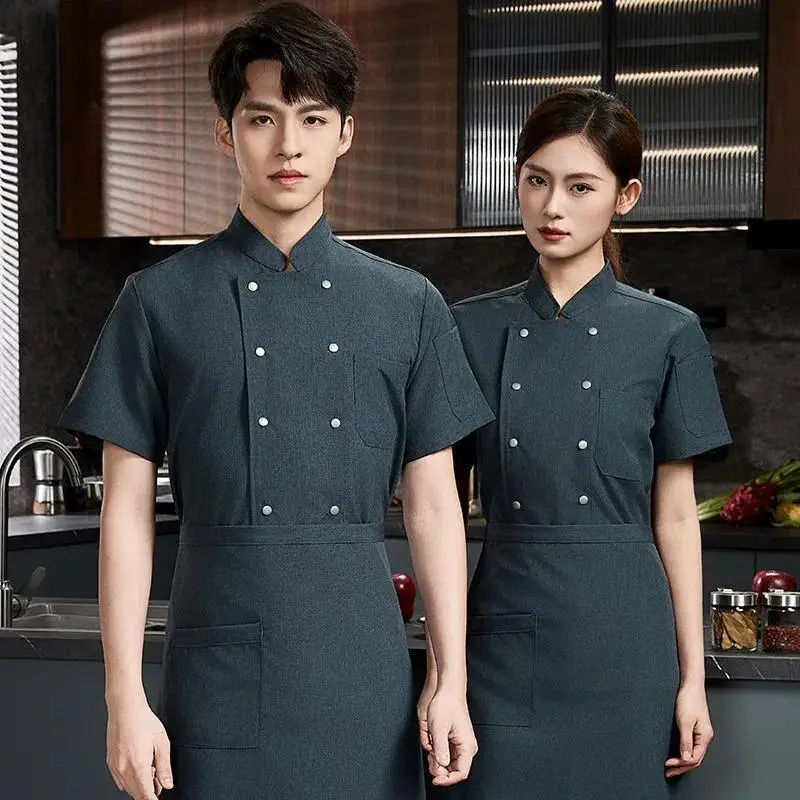 Unisex Breathable Short-Sleeve Chef Uniform with Concealed Double Row Buttons