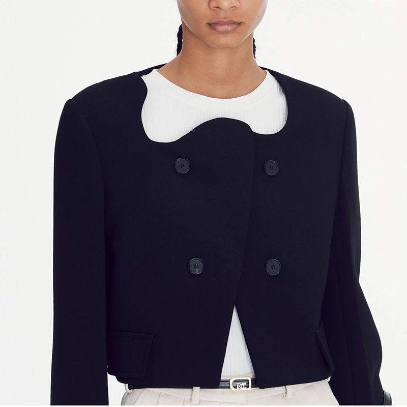 

Women's Blazer 2023 Fall/Winter New Ladies Wave Collar Double Breasted Top Long Sleeve Black Female Short Jacket Coats