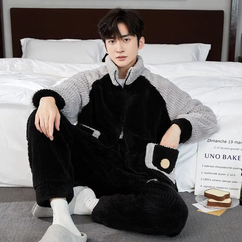 New Coral Velvet Men Pyjamas Winter Plus Velvet and Thick Youth Plus Size Zipper Sport Sleepwear Autumn Winter Set Homedressing