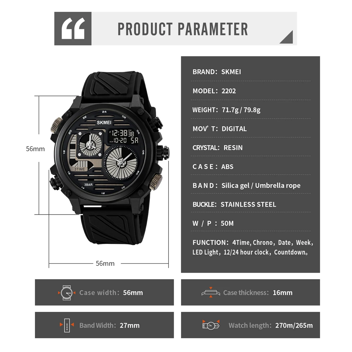 SKMEI 4 Time Display LED Light Digital Sport Watch Mens Stopwatch Calendar Clock 50M Waterproof Wristwatches Alarm reloj hombre