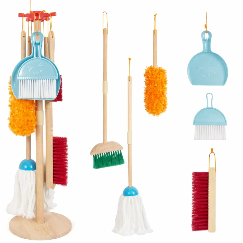 어린이 나무로 만든 청소놀이 세트 조기 교육용 빗자루 걸레 가사놀이 장난감 및..