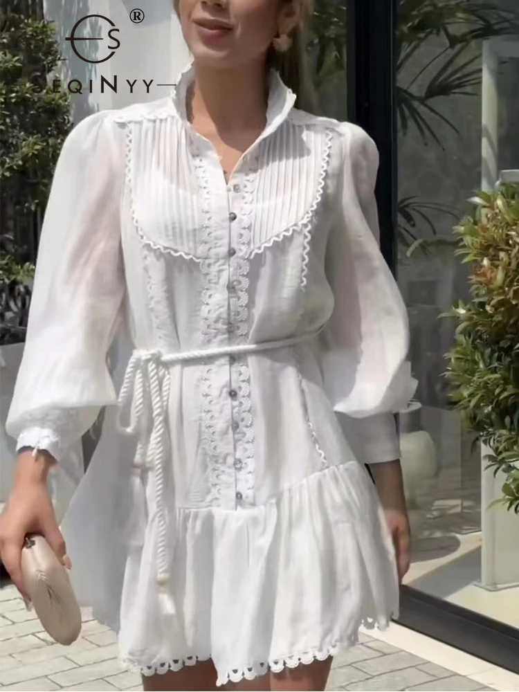

SEQINYY Casual Mini Dress Summer Spring New Fashion Design High Street Lantern Sleeve Lace Hollow Out Belt A-Line
