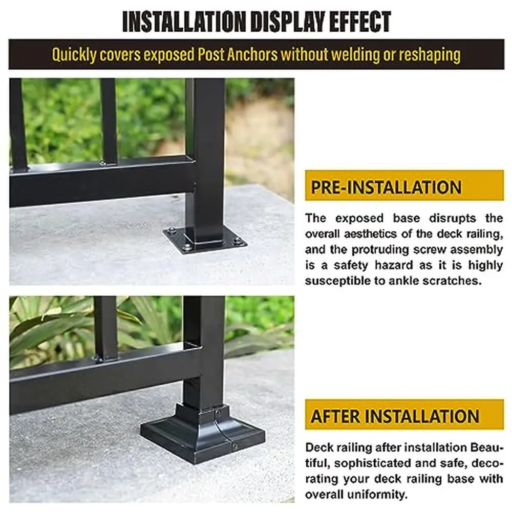 Aluminum Alloy Post Base Cover 1.5"x1.5" 4.5"x4.5" Handrail Stair Railing Skirt 4pack Black Waterproof UV Resistant Easy