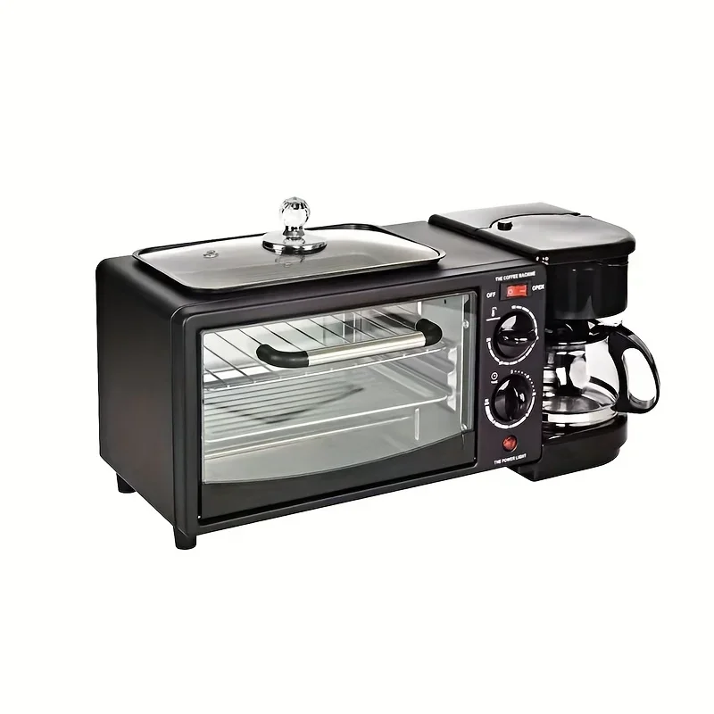 가정용 미니 전기 오븐 빵 메이커, 3 인 1 아침 식사 메이커, 600ml 드립 커피 머신, 논스틱 팬 프라이팬, 그릴 스테이크 튀김 가능