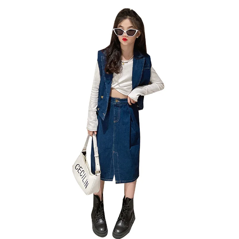 

Kid Girls Clothes Preppy Style Denim Set Spring New Fashion Vest + Short Skirt 2pcs Teen Clothing Casual Streetwear Outfit 4-14Y