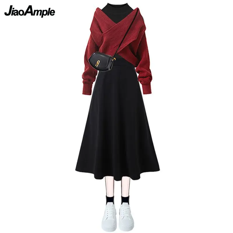 2023 Autumn/Winter New Korean Elegant Matching Set Women's Fashion Cross Knit Sweater+Bottom Shirt+Strap Dress Three Piece Suit 5