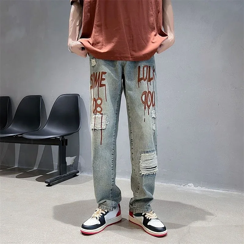 

Jeans for Men with Print Trousers Broken Hip Hop Male Cowboy Pants Letter Ripped Torn Holes Xs Designer 2024 Trend Denim Baggy