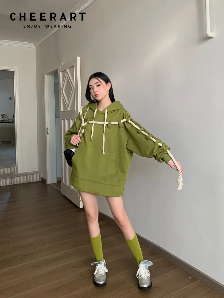 

CHEERART осень 2023 толстовки оверсайз в стиле преппи зеленого цвета вязаные пуловеры с длинным рукавом и кулиской модная женская одежда