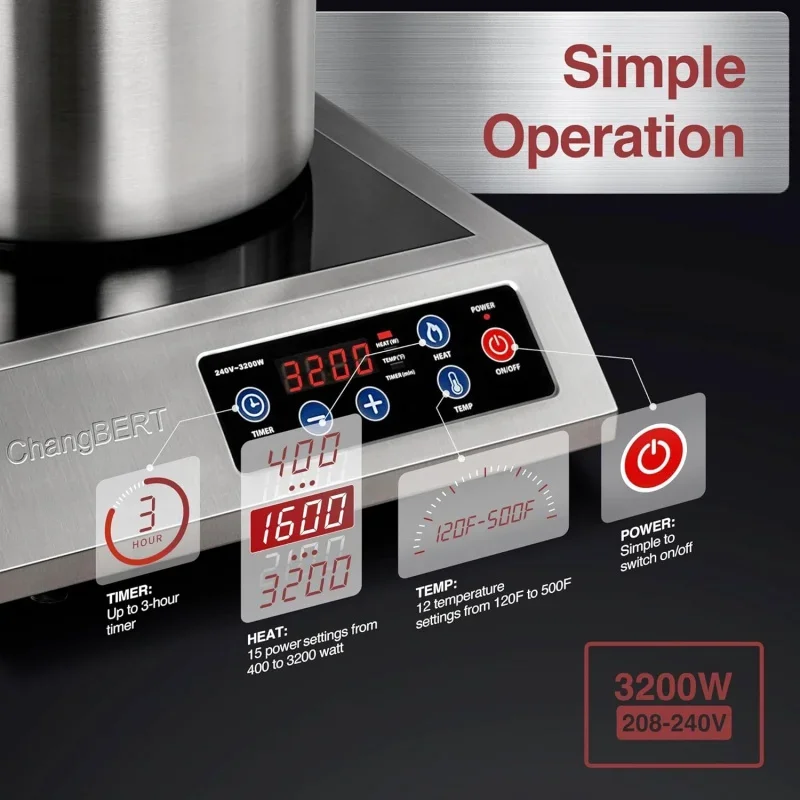 Induction Cooktop ChangBERT 208-240V 3200W NSF certified Commercial Grade Burner Pro Chef Professional Range High Power 18/10 St
