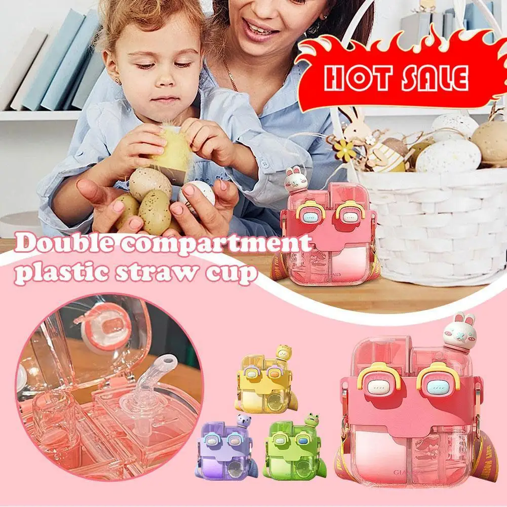 

Drinking Bottle Large-Capacity Double-Bin Plastic Straw Portable Cup Children With Bottle Cartoon Carrying Beauty Water Out Z4M7