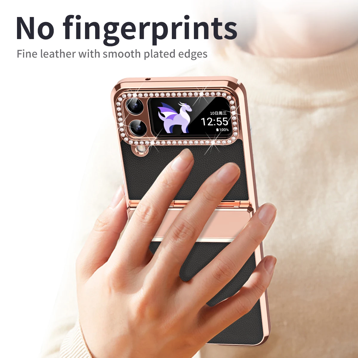 For Samsung Galaxy Z Flip 5 Case Hinge Leather Plating Glitter Bling Diamond Phone Cover Z Flip 4 3 Case Shockproof