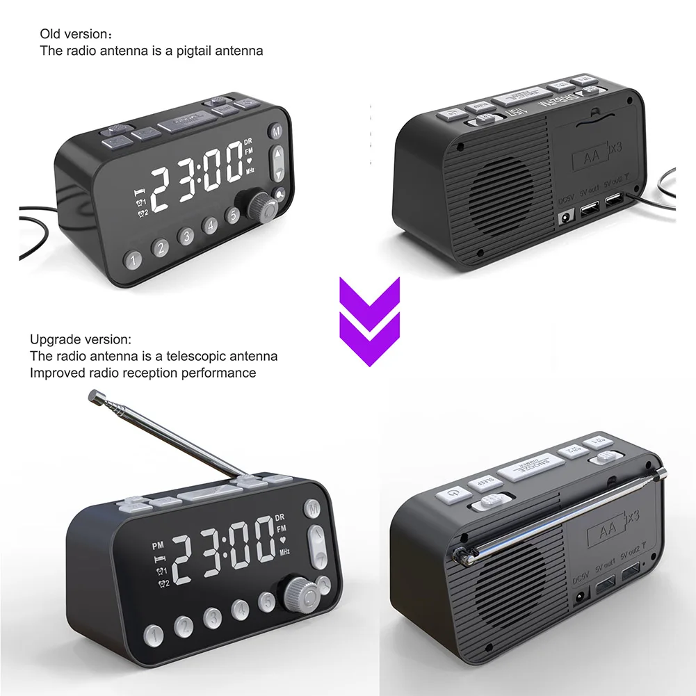 DAB-FM 라디오 LED 디지털 알람 시계, 스누즈, 밝기 조절 가능, 테이블 시계, 침대 옆, 웨이크업 시계, 듀얼 USB 충전식 시계