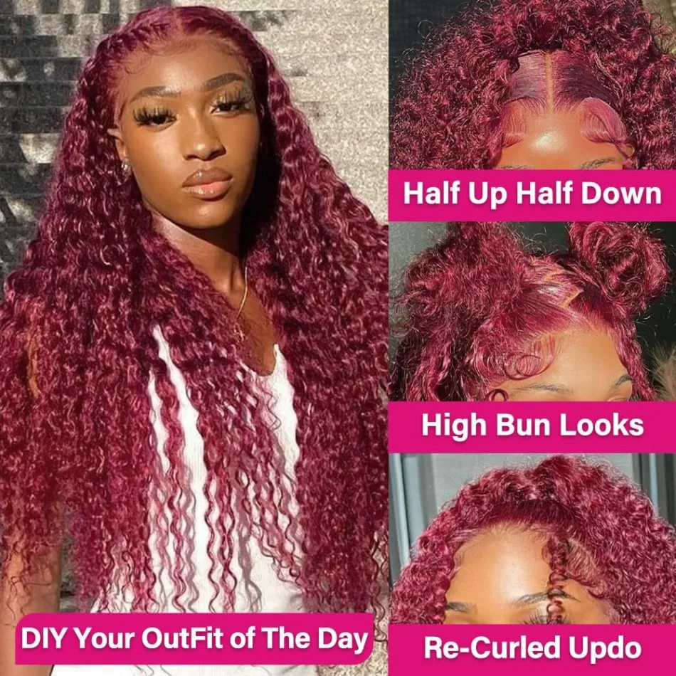 99J Burgundy 13X6 Hd Lace Frontal Wigs 250 Density Deep Wave Human Hair Wigs 100% Colored Pre Plucked Brazilian Lace Front Wigs