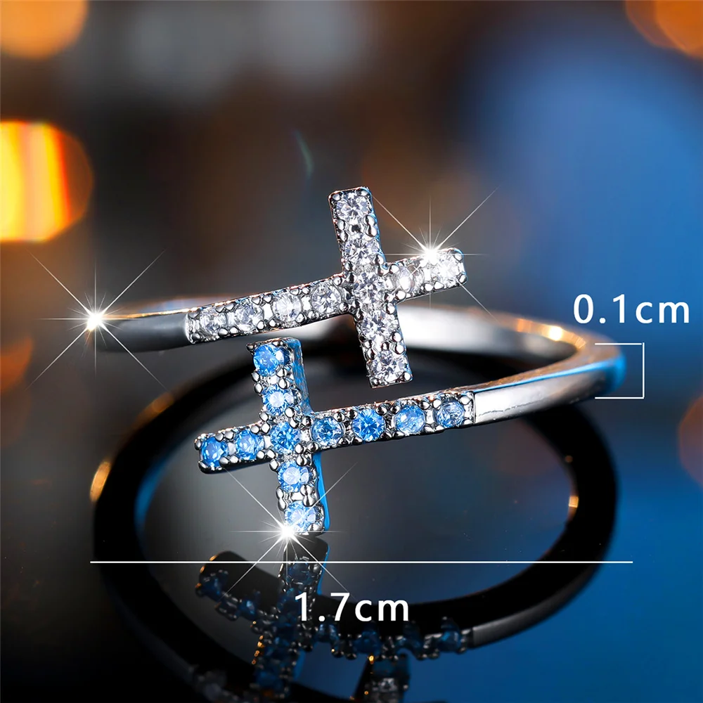 Cute Female Light Blue Zircon Stone Cross Adjustable Ring Luxury Silver Color Open Wedding Jewelry For Women